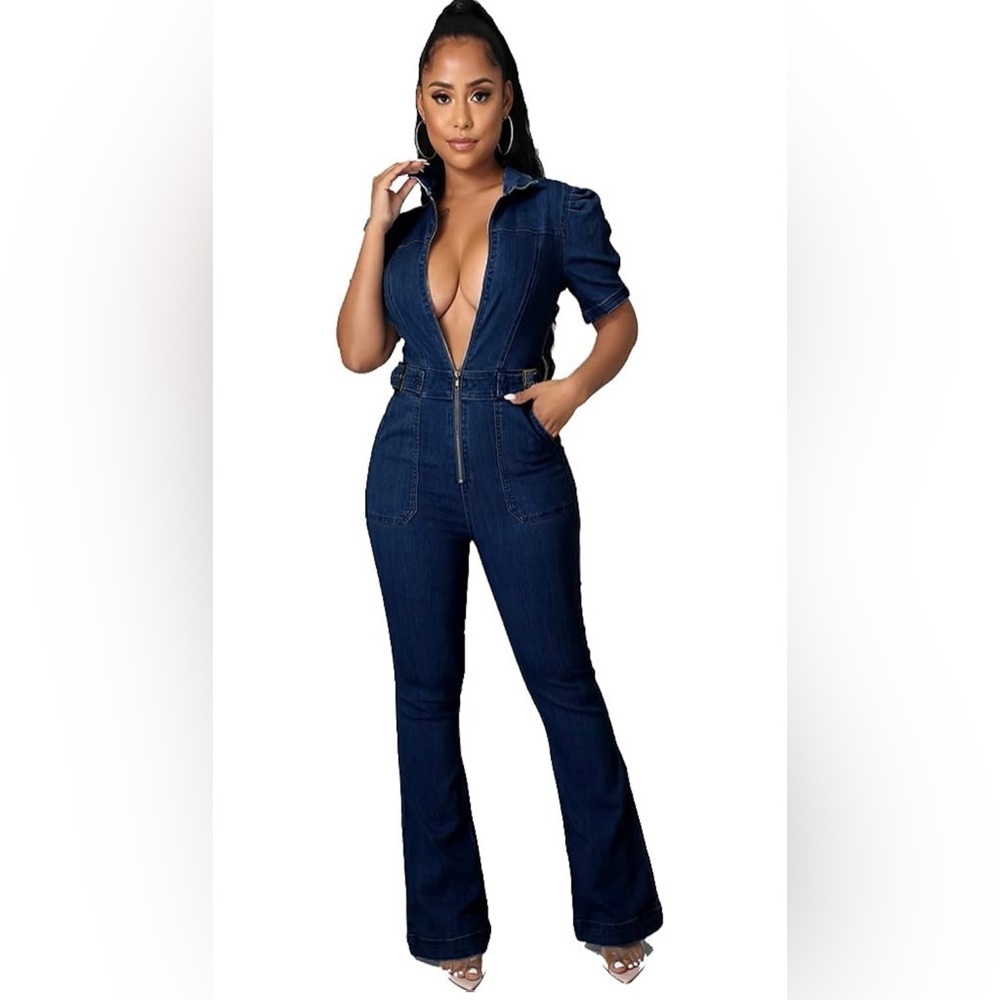 Denim Jumpsuit for Women Sexy Slim Short Sleeve Front Zipper Jeans One Large NEW